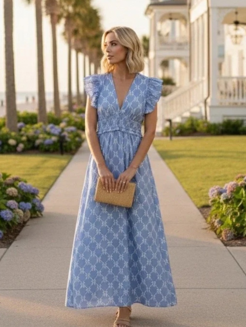 NWT Sail To Sable HYDRANGEA BOW PRINT FLUTTER SLEEVE V NECK MAXI